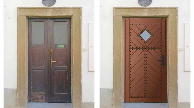 Foto původních dveří a vizualizace návrhu nových dveří.